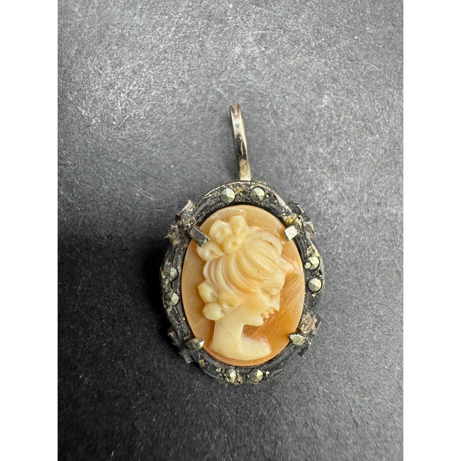 Antique Victorian 800 Silver Carved Shell Cameo & Marcasite Accent Pendant